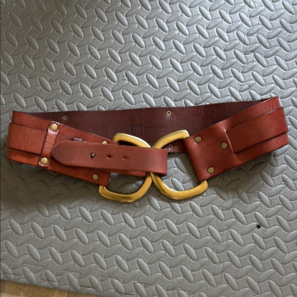 Linea Pelle Brown Leather Belt with Gold Accents